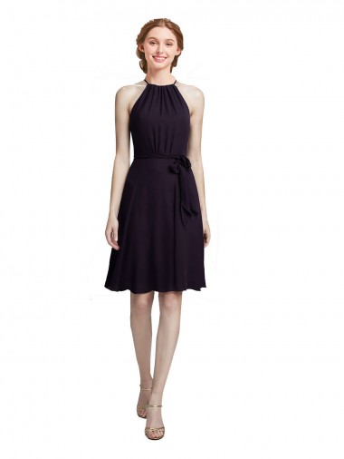 A-Line High Neck Soft Chiffon Knee Length Grape Bridesmaid Dress Belfast