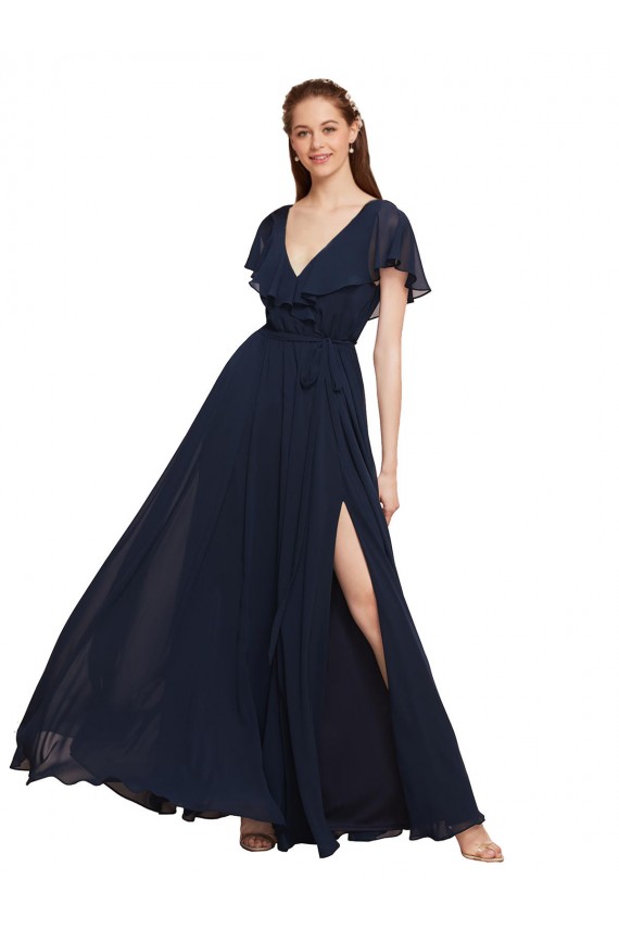 A-Line V-Neck Chiffon Long Dark Navy Bridesmaid Dress / Evening Gowns Belfast