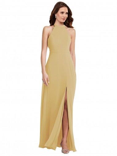 A-Line Halter Neck Soft Chiffon Long Gold Semi Formal Evening Dress / Bridesmaid Dress Belfast
