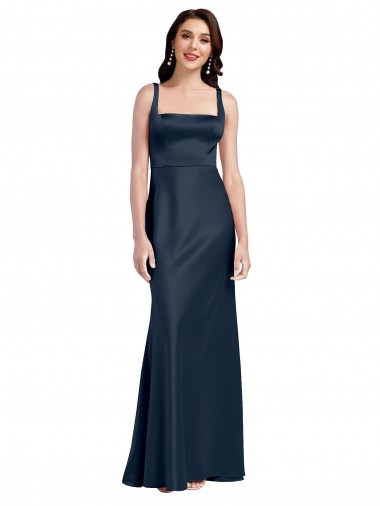 A-Line Square Neck Stretch Satin Long Dark Navy Formal Evening Gown / Prom Dress / Bridesmaid Dress Belfast