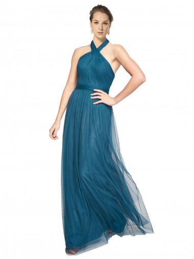 A-Line High Neck Tulle Long Teal Green Bridesmaid Dress Belfast