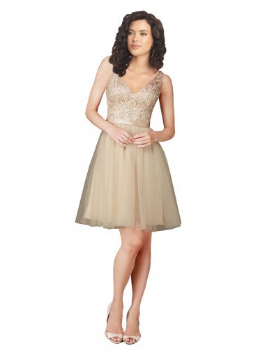 A-Line V-Neck Tulle & Lace Knee Length Champagne Bridesmaid Dress Belfast