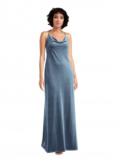 Sheath Cowl Neck Stretch Velvet Long Dusty Blue Bridesmaid Dress / Evening Dress Belfast